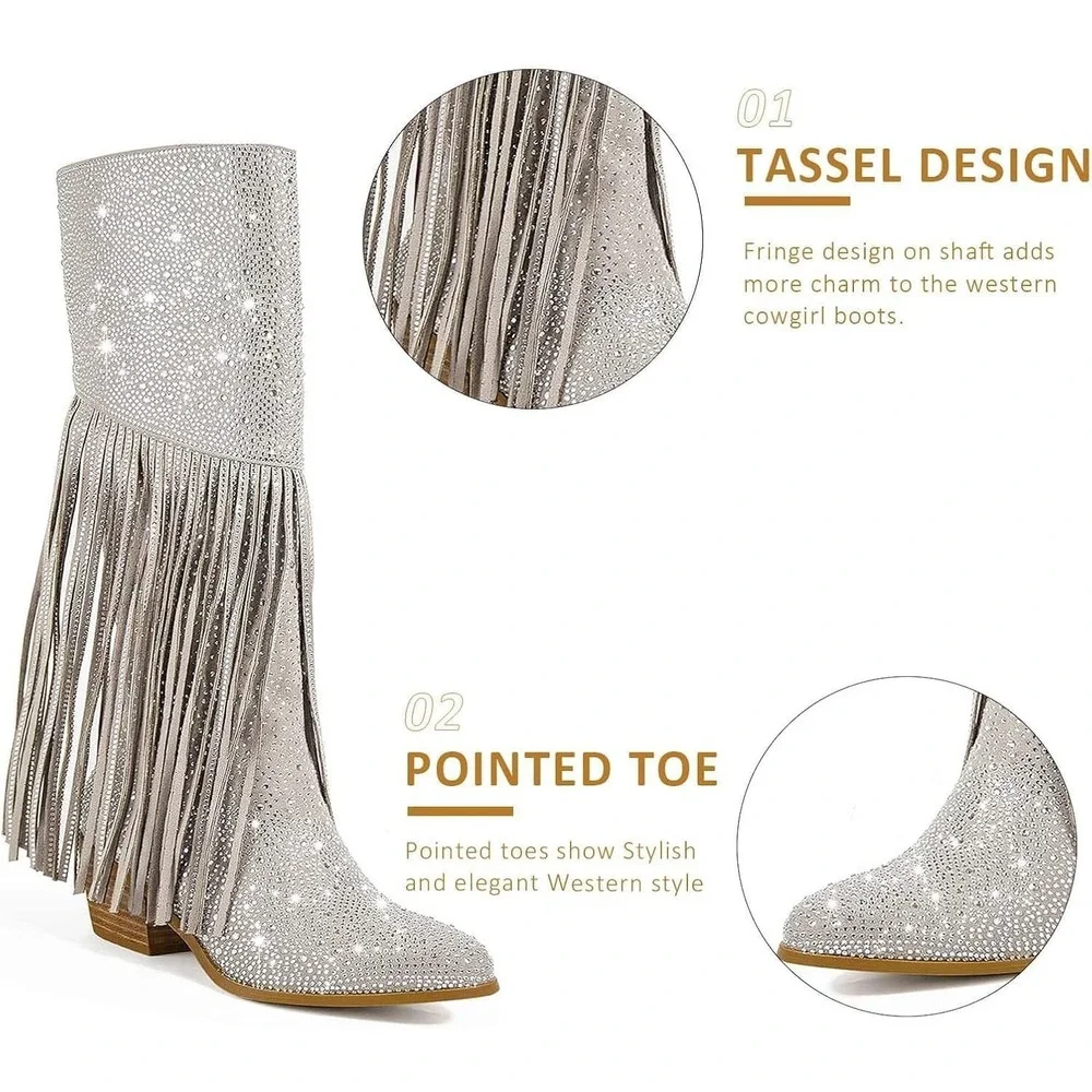 Rhinestone Fringe Knee High Boots Silver Western Festival Size 6 New